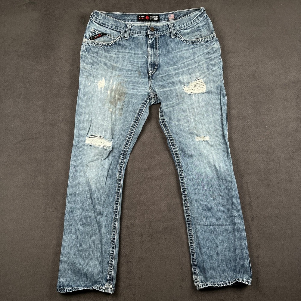 Ariat FR M4 Work Jeans Mens 38x34 Blue Low Rise Boot Flame Resistant Distressed